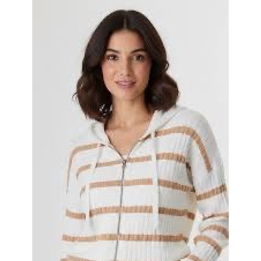 J. Society Zip-Up Hoodie Womens S White Tan Good Striped Cable Knit Sweater